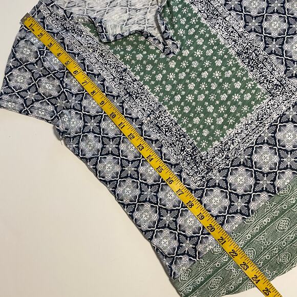 Lucky Brand Placed Scarf Knit Top Womens Large Blue Green Mixed Prints Boho Tee - Picture 7 of 7